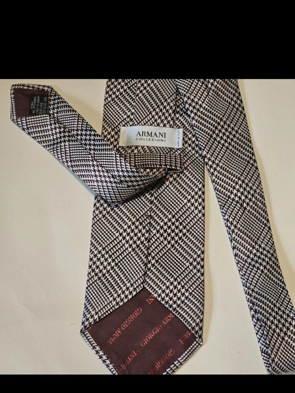 Armani Collezioni Tie Burgundy Cream Glen Plaid Houndstooth- Made in Italy